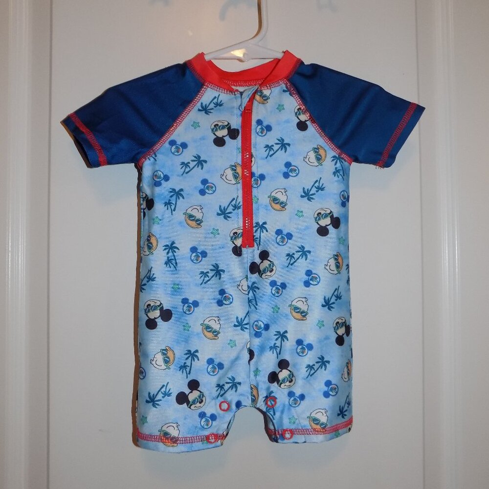 DISNEY BABY 3-6M Boys One Piece Zip Snap Swim Rashguard Mickey Mouse Donald Duck